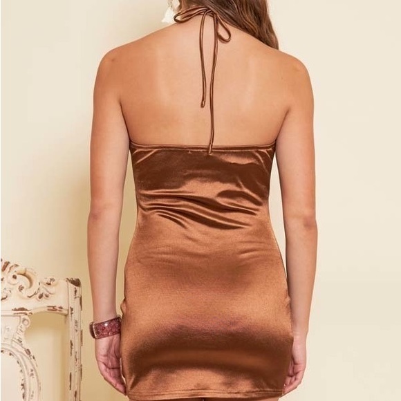 Copper Brown Shiny Body Control Halter Cocktail Mini Dress NWT - Picture 5 of 11